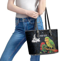 New Zealand Kakapo Matariki Personalised Leather Tote Bag Pohutukawa Flower Galaxy Maori Pattern LT22 - Polynesian Pride