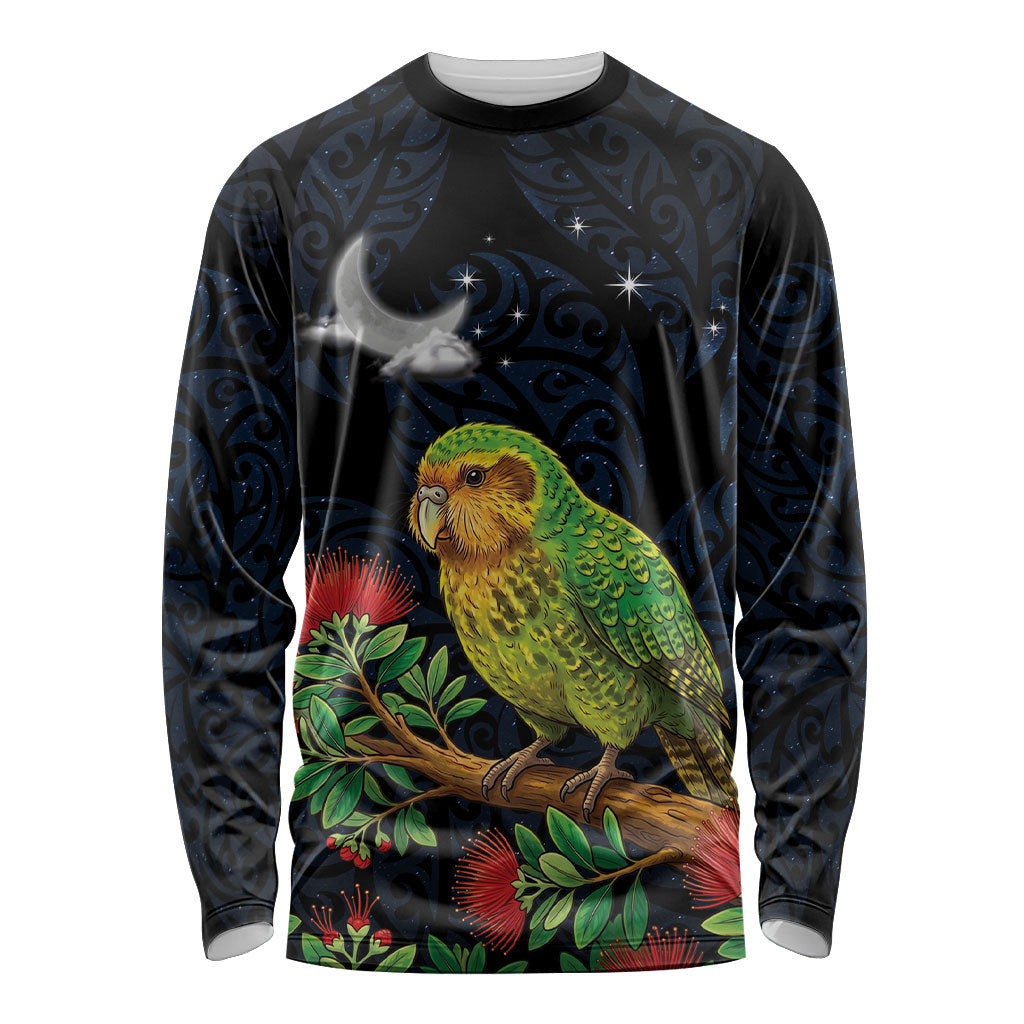 New Zealand Kakapo Matariki Personalised Long Sleeve Shirt Pohutukawa Flower Galaxy Maori Pattern LT22 Unisex Black - Polynesian Pride