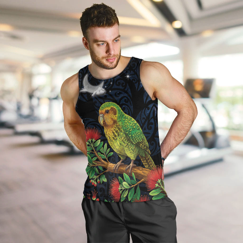 New Zealand Kakapo Matariki Personalised Men Tank Top Pohutukawa Flower Galaxy Maori Pattern LT22 Black - Polynesian Pride