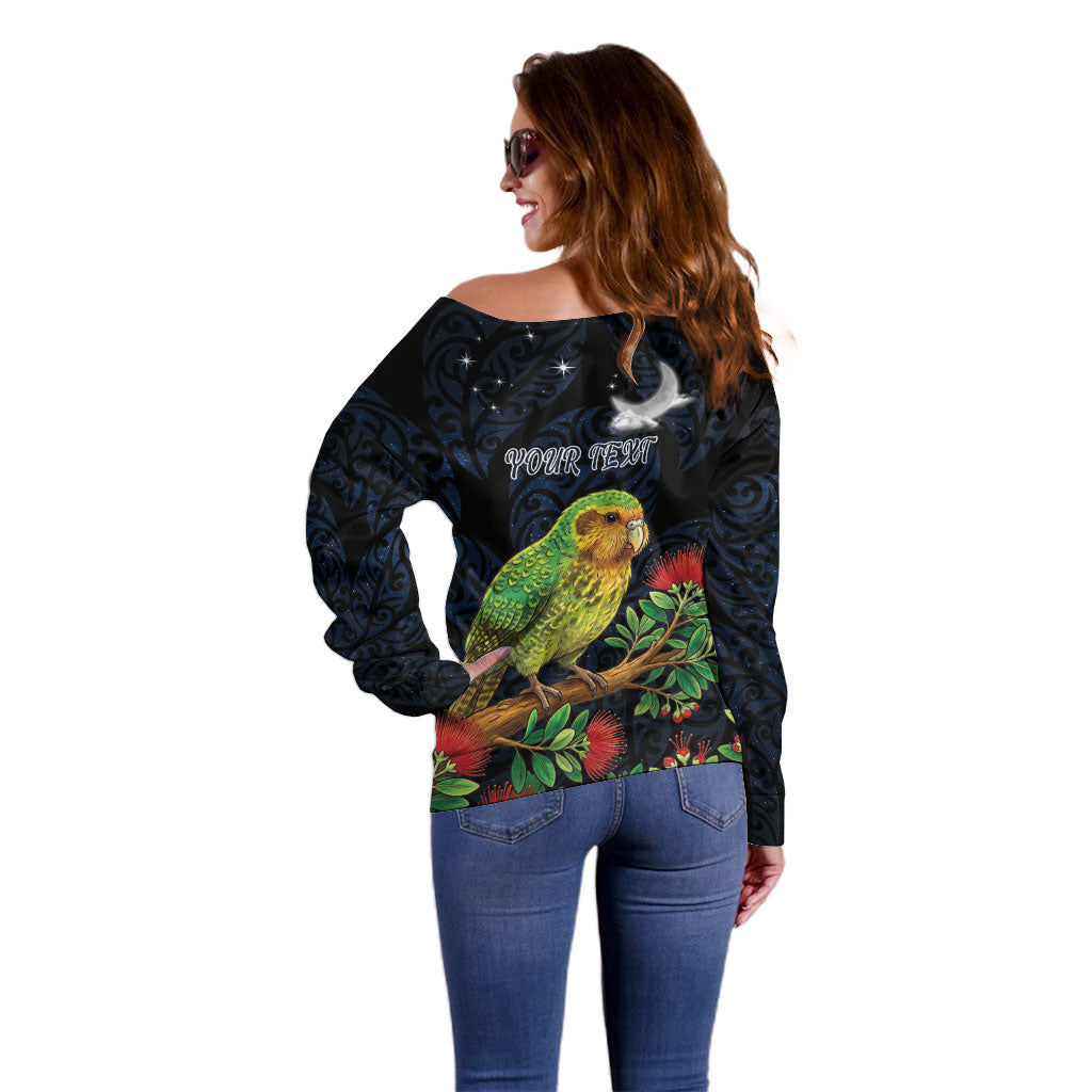 New Zealand Kakapo Matariki Personalised Off Shoulder Sweater Pohutukawa Flower Galaxy Maori Pattern