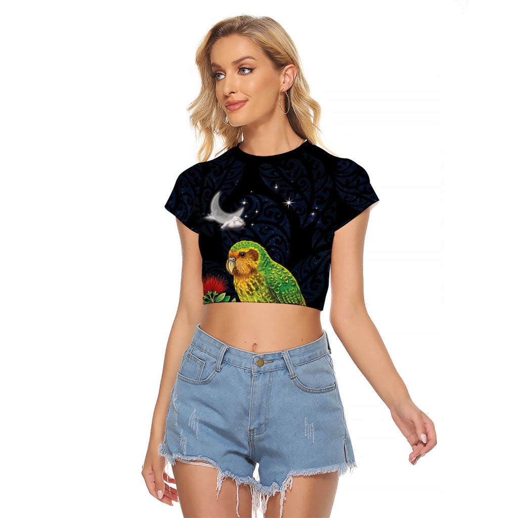 New Zealand Kakapo Matariki Personalised Raglan Cropped T Shirt Pohutukawa Flower Galaxy Maori Pattern LT22 Female Black - Polynesian Pride