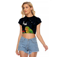 New Zealand Kakapo Matariki Personalised Raglan Cropped T Shirt Pohutukawa Flower Galaxy Maori Pattern LT22 Female Black - Polynesian Pride