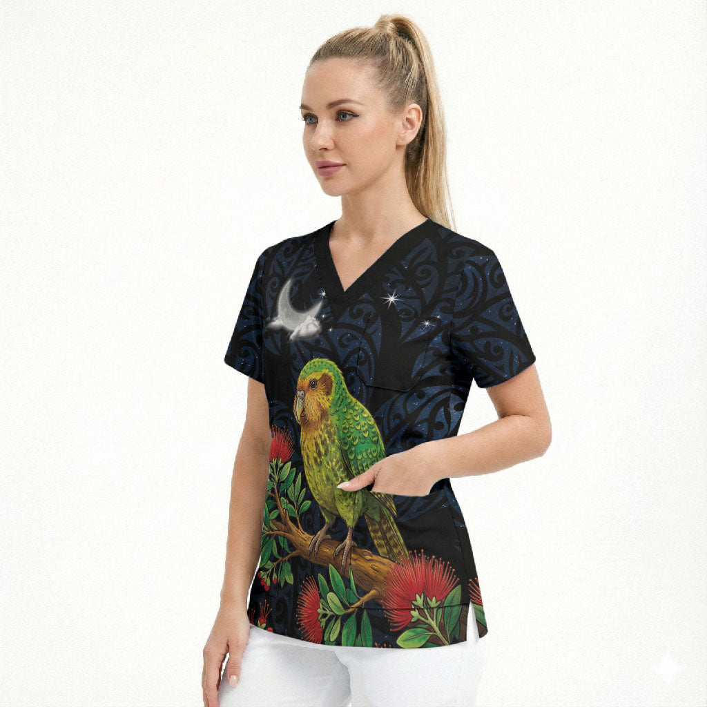 New Zealand Kakapo Matariki Personalised Scrub Top Pohutukawa Flower Galaxy Maori Pattern