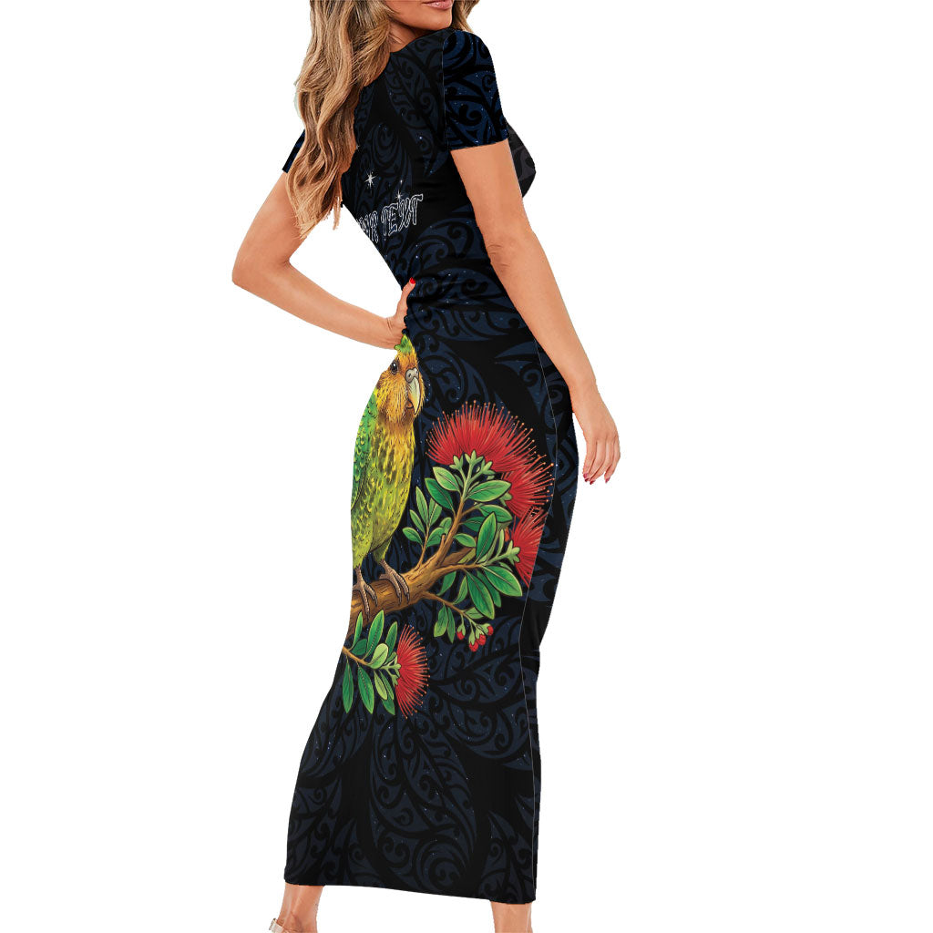 New Zealand Kakapo Matariki Personalised Short Sleeve Bodycon Dress Pohutukawa Flower Galaxy Maori Pattern LT22 - Polynesian Pride