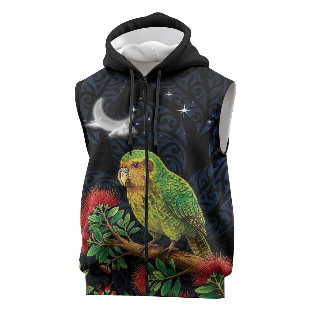 New Zealand Kakapo Matariki Personalised Sleeveless Zip Hoodie Pohutukawa Flower Galaxy Maori Pattern LT22 Black - Polynesian Pride