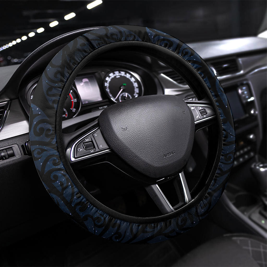 New Zealand Kakapo Matariki Steering Wheel Cover Pohutukawa Flower Galaxy Maori Pattern LT22 Universal Fit Black - Polynesian Pride