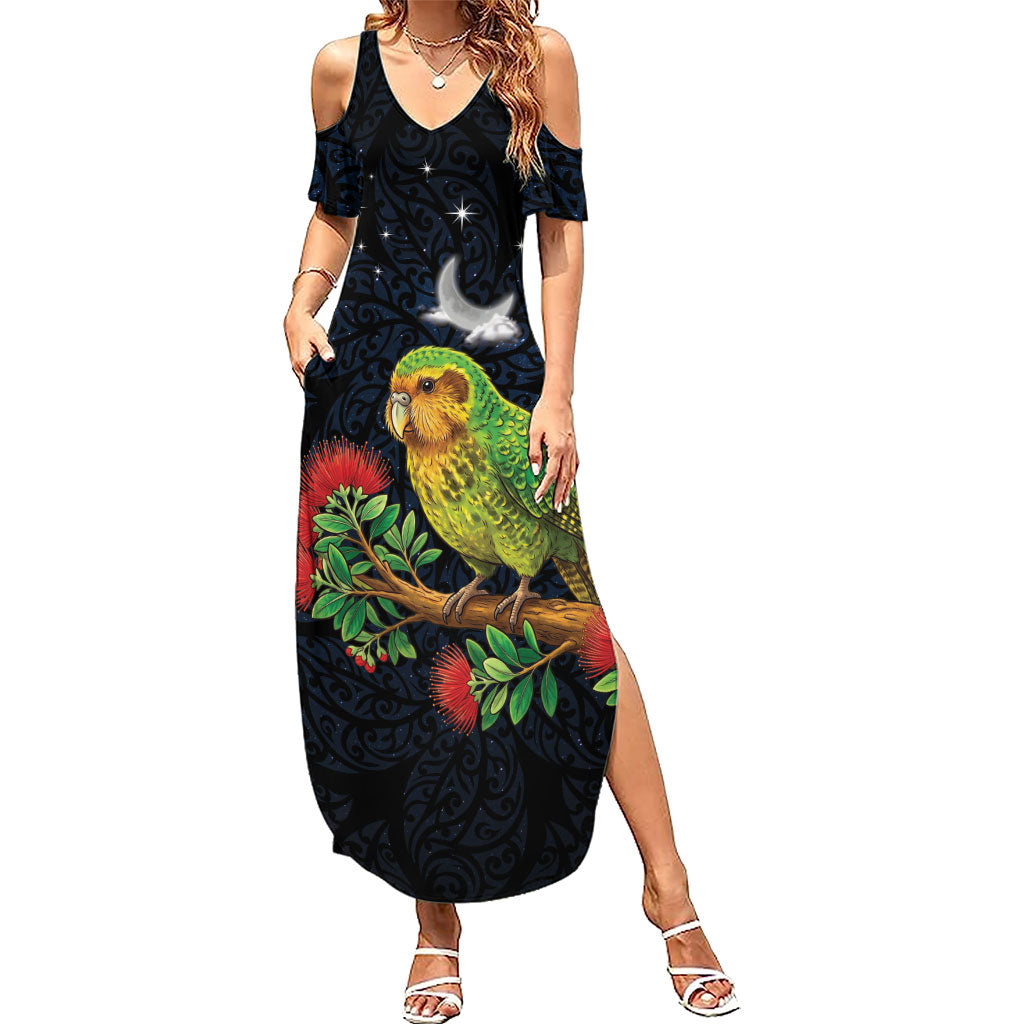 New Zealand Kakapo Matariki Personalised Summer Maxi Dress Pohutukawa Flower Galaxy Maori Pattern LT22 Women Black - Polynesian Pride