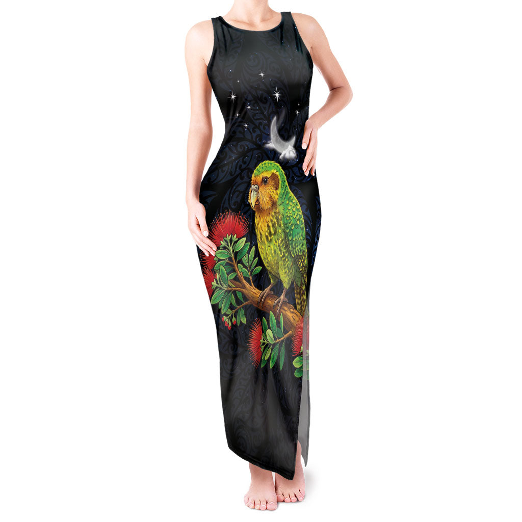 New Zealand Kakapo Matariki Personalised Tank Maxi Dress Pohutukawa Flower Galaxy Maori Pattern LT22 Women Black - Polynesian Pride