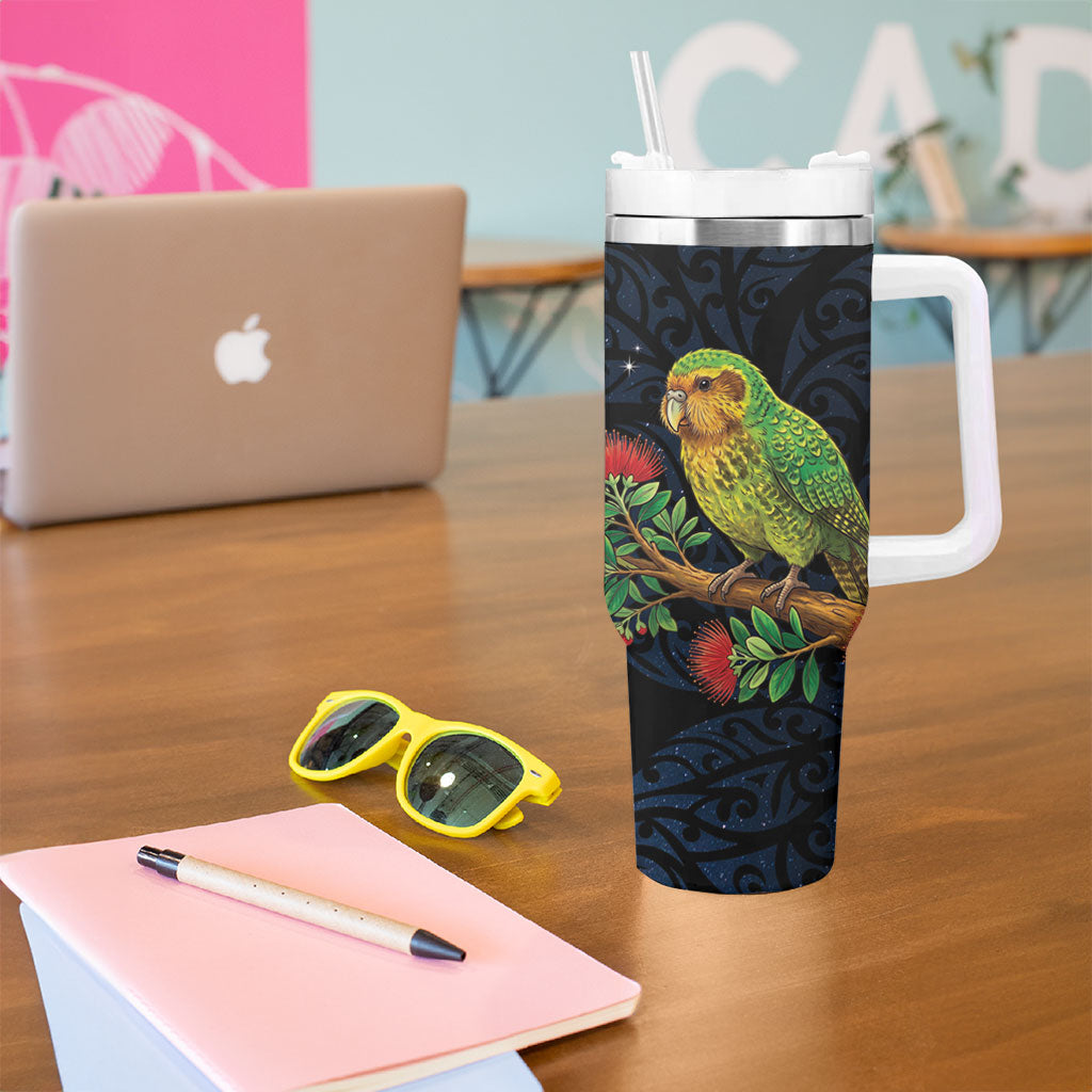 New Zealand Kakapo Matariki Personalised Tumbler With Handle Pohutukawa Flower Galaxy Maori Pattern LT22 - Polynesian Pride