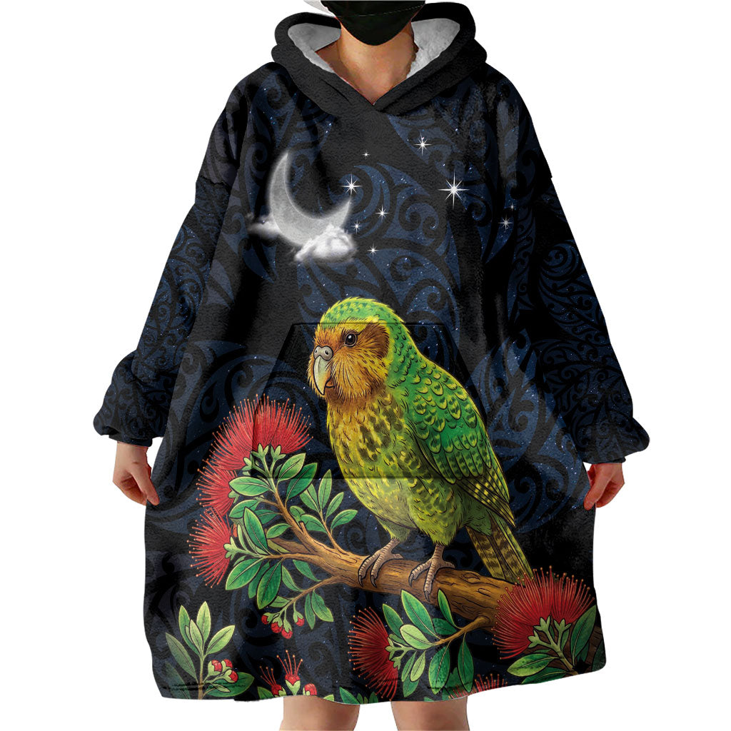 New Zealand Kakapo Matariki Personalised Wearable Blanket Hoodie Pohutukawa Flower Galaxy Maori Pattern LT22 - Polynesian Pride