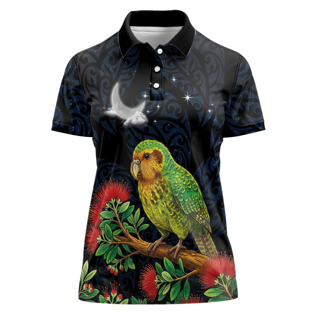 New Zealand Kakapo Matariki Personalised Women Polo Shirt Pohutukawa Flower Galaxy Maori Pattern LT22 Female Black - Polynesian Pride