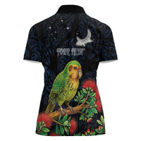 New Zealand Kakapo Matariki Personalised Women Polo Shirt Pohutukawa Flower Galaxy Maori Pattern LT22 - Polynesian Pride