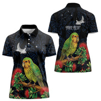 New Zealand Kakapo Matariki Personalised Women Polo Shirt Pohutukawa Flower Galaxy Maori Pattern LT22 - Polynesian Pride