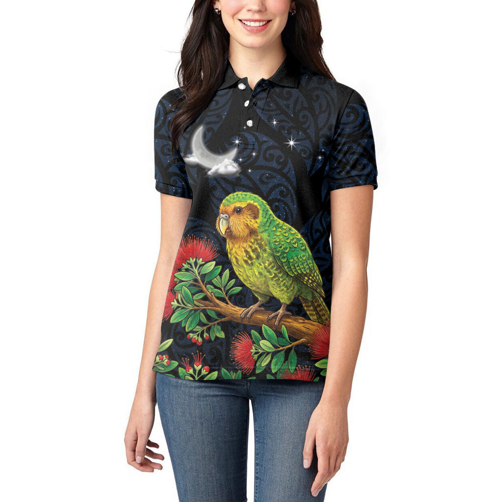 New Zealand Kakapo Matariki Personalised Women Polo Shirt Pohutukawa Flower Galaxy Maori Pattern LT22 - Polynesian Pride
