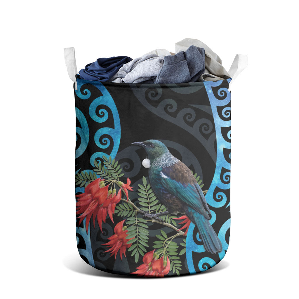 Tui Bird Kakabeak New Zealand Laundry Basket Clianthus Galaxy Maori Koru Pattern