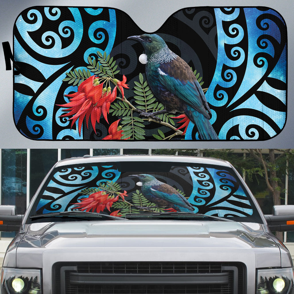 Tui Bird Kakabeak New Zealand Auto Sun Shade Clianthus Galaxy Maori Koru Pattern