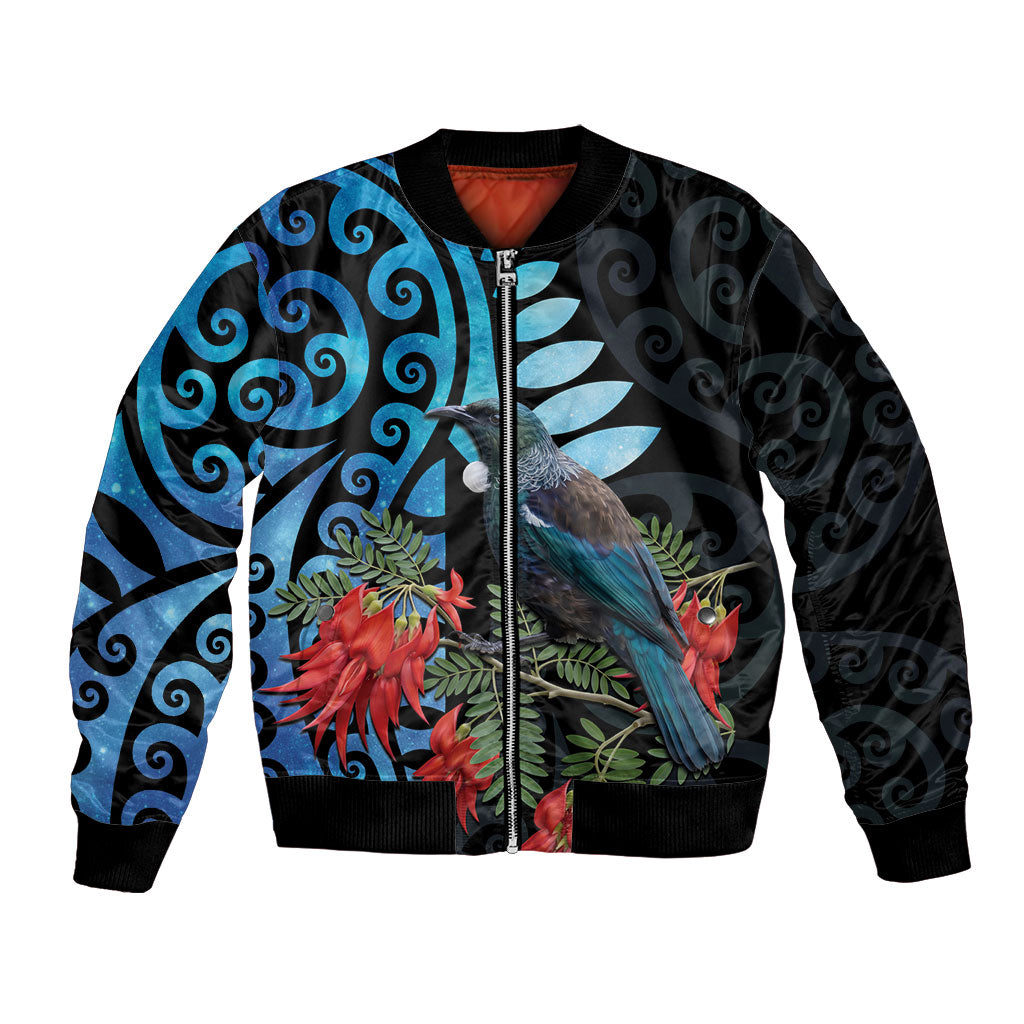 Tui Bird Kakabeak New Zealand Bomber Jacket Clianthus Galaxy Maori Koru Pattern
