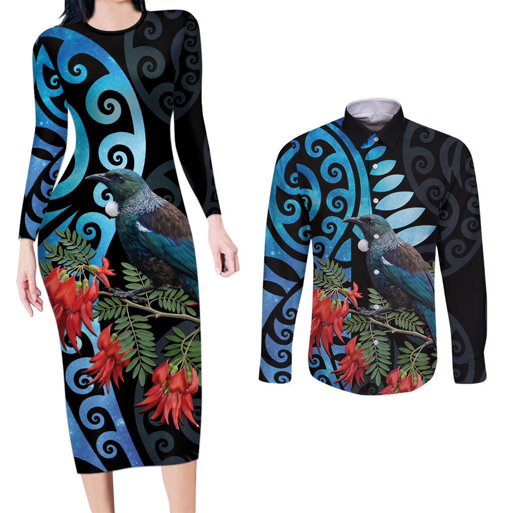 Tui Bird Kakabeak New Zealand Couples Matching Long Sleeve Bodycon Dress and Long Sleeve Button Shirt Clianthus Galaxy Maori Koru Pattern