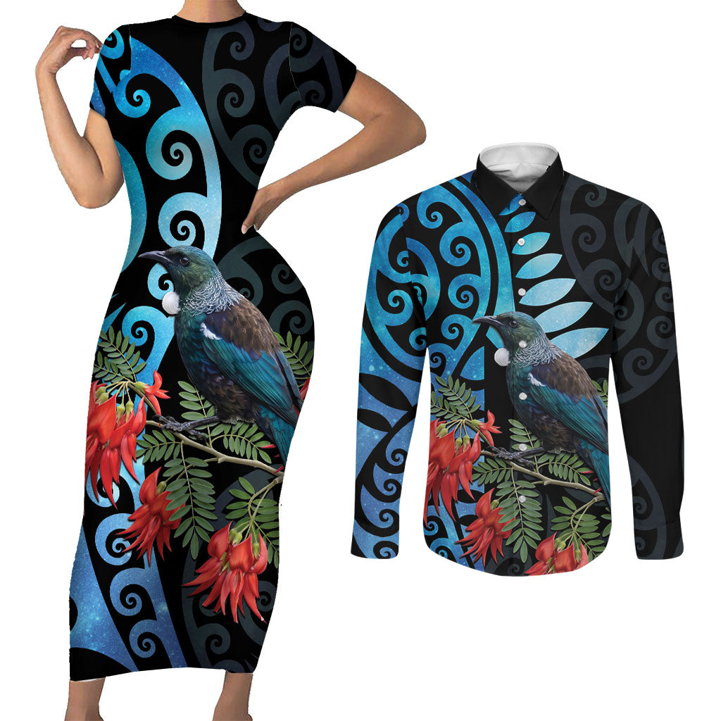 Tui Bird Kakabeak New Zealand Couples Matching Short Sleeve Bodycon Dress and Long Sleeve Button Shirt Clianthus Galaxy Maori Koru Pattern