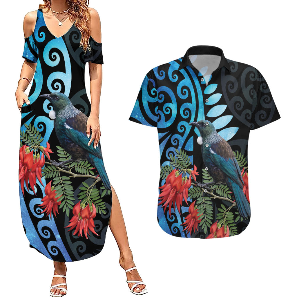 Tui Bird Kakabeak New Zealand Couples Matching Summer Maxi Dress and Hawaiian Shirt Clianthus Galaxy Maori Koru Pattern LT22 Blue - Polynesian Pride