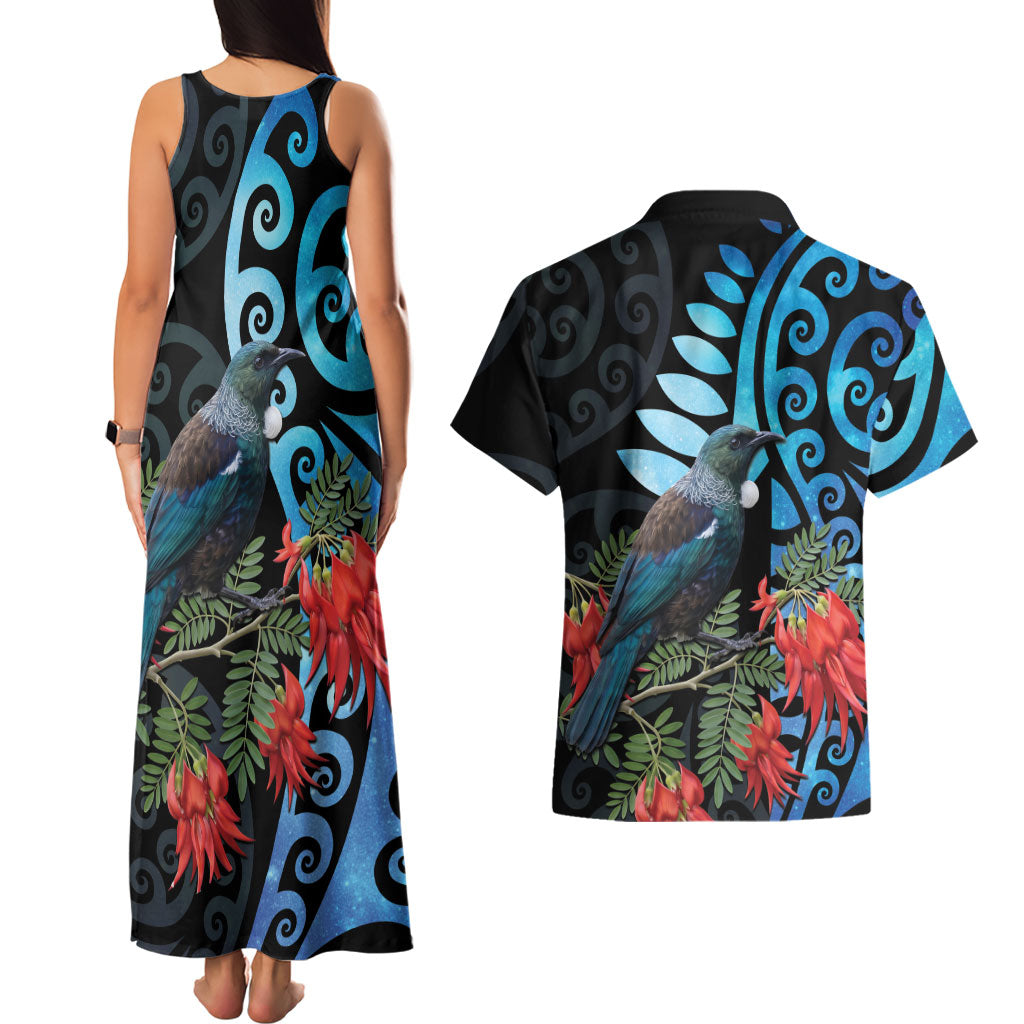 Tui Bird Kakabeak New Zealand Couples Matching Tank Maxi Dress and Hawaiian Shirt Clianthus Galaxy Maori Koru Pattern LT22 - Polynesian Pride