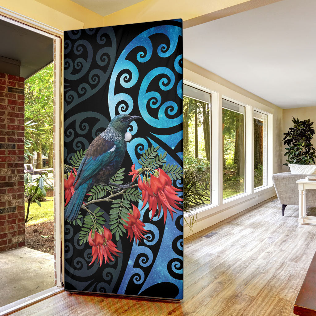Tui Bird Kakabeak New Zealand Door Cover Clianthus Galaxy Maori Koru Pattern