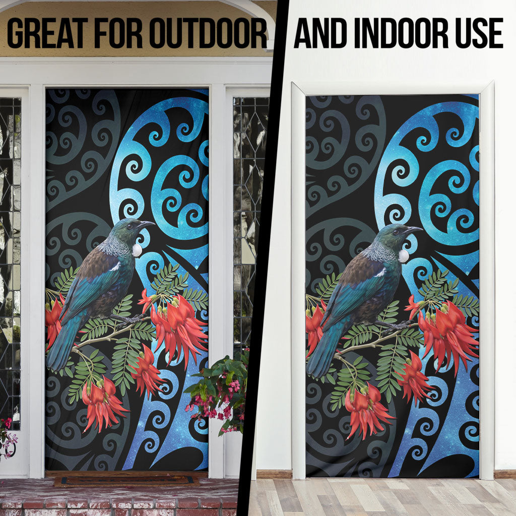 Tui Bird Kakabeak New Zealand Door Cover Clianthus Galaxy Maori Koru Pattern