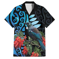 Tui Bird Kakabeak New Zealand Family Matching Off Shoulder Maxi Dress and Hawaiian Shirt Clianthus Galaxy Maori Koru Pattern LT22 Dad's Shirt - Short Sleeve Blue - Polynesian Pride