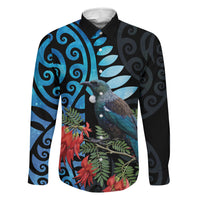 Tui Bird Kakabeak New Zealand Family Matching Off Shoulder Maxi Dress and Hawaiian Shirt Clianthus Galaxy Maori Koru Pattern LT22 Dad's Shirt - Long Sleeve Blue - Polynesian Pride