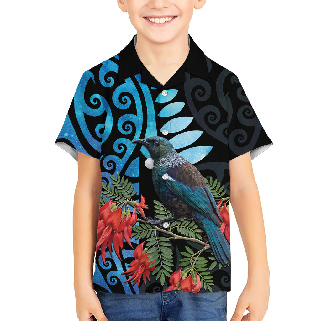 Tui Bird Kakabeak New Zealand Family Matching Off Shoulder Short Dress and Hawaiian Shirt Clianthus Galaxy Maori Koru Pattern LT22 Son's Shirt Blue - Polynesian Pride