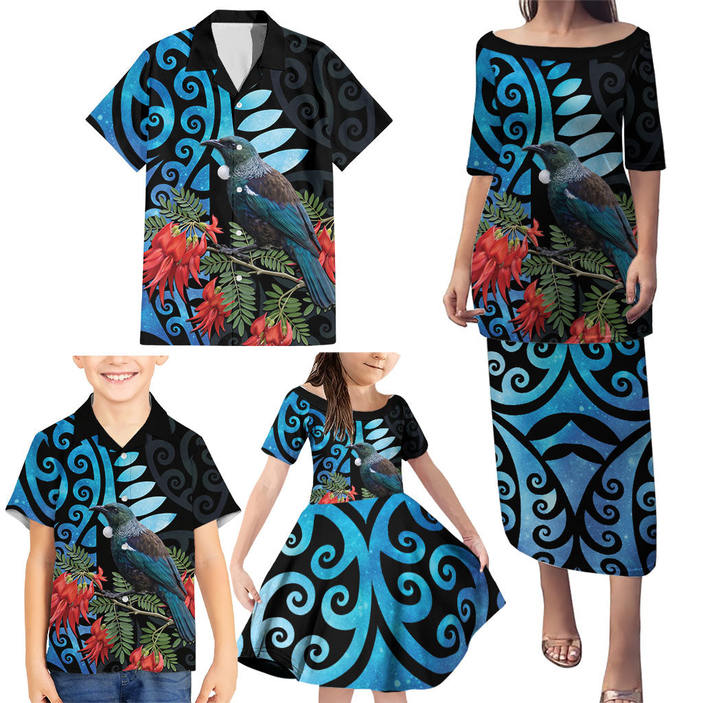 Tui Bird Kakabeak New Zealand Family Matching Puletasi and Hawaiian Shirt Clianthus Galaxy Maori Koru Pattern LT22 - Polynesian Pride