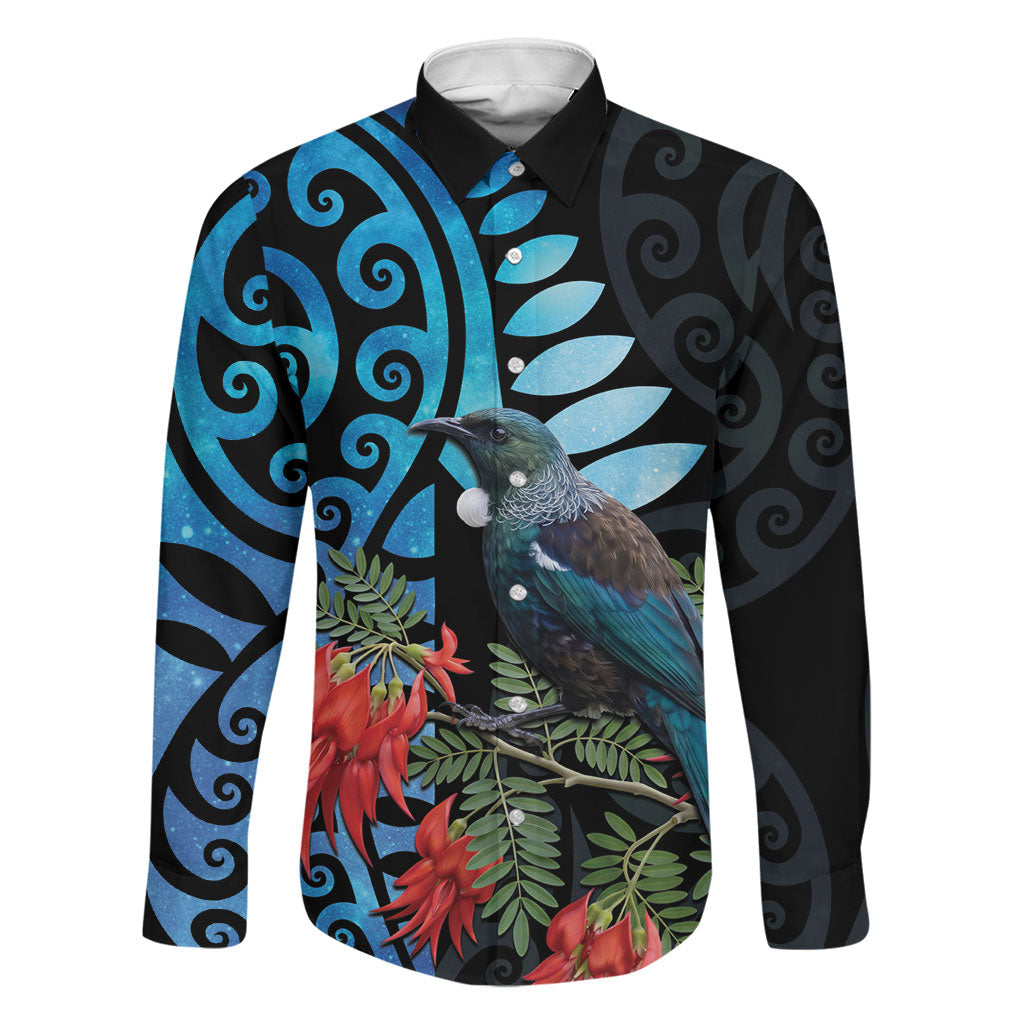 Tui Bird Kakabeak New Zealand Family Matching Summer Maxi Dress and Hawaiian Shirt Clianthus Galaxy Maori Koru Pattern LT22 Dad's Shirt - Long Sleeve Blue - Polynesian Pride