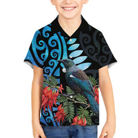Tui Bird Kakabeak New Zealand Family Matching Summer Maxi Dress and Hawaiian Shirt Clianthus Galaxy Maori Koru Pattern LT22 Son's Shirt Blue - Polynesian Pride