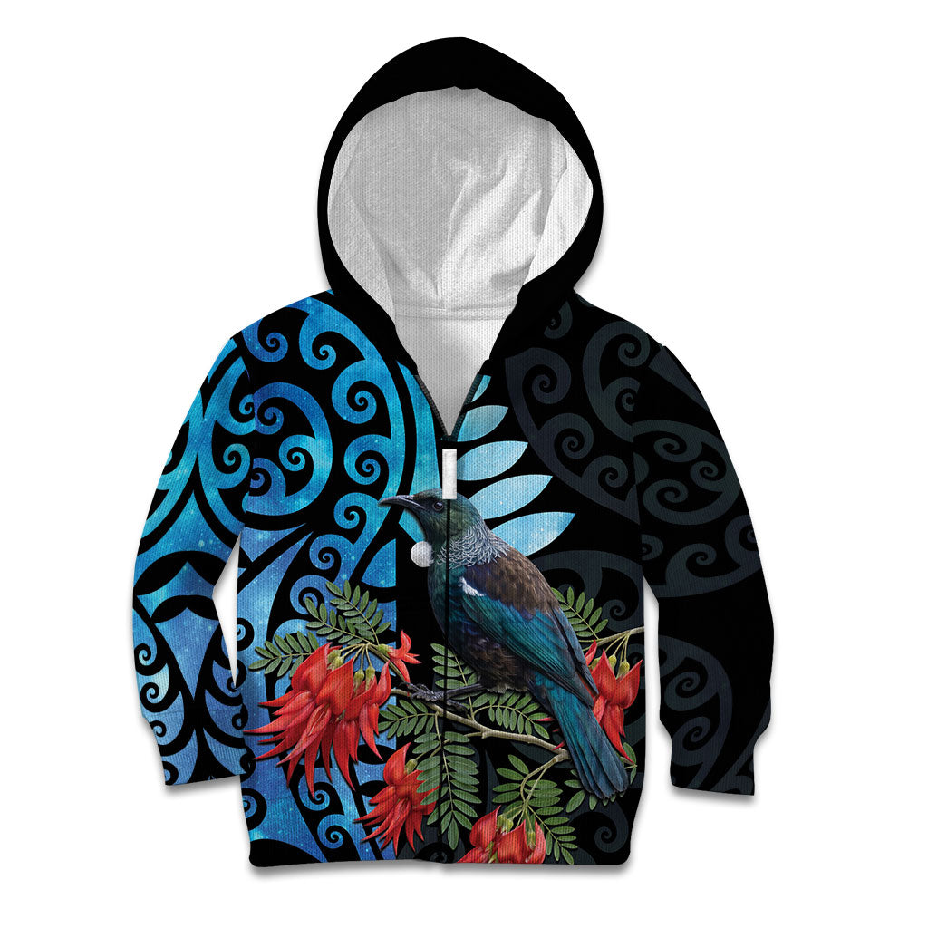 Tui Bird Kakabeak New Zealand Kid Hoodie Clianthus Galaxy Maori Koru Pattern LT22 Zip Hoodie Blue - Polynesian Pride