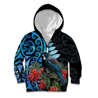 Tui Bird Kakabeak New Zealand Kid Hoodie Clianthus Galaxy Maori Koru Pattern LT22 Zip Hoodie Blue - Polynesian Pride