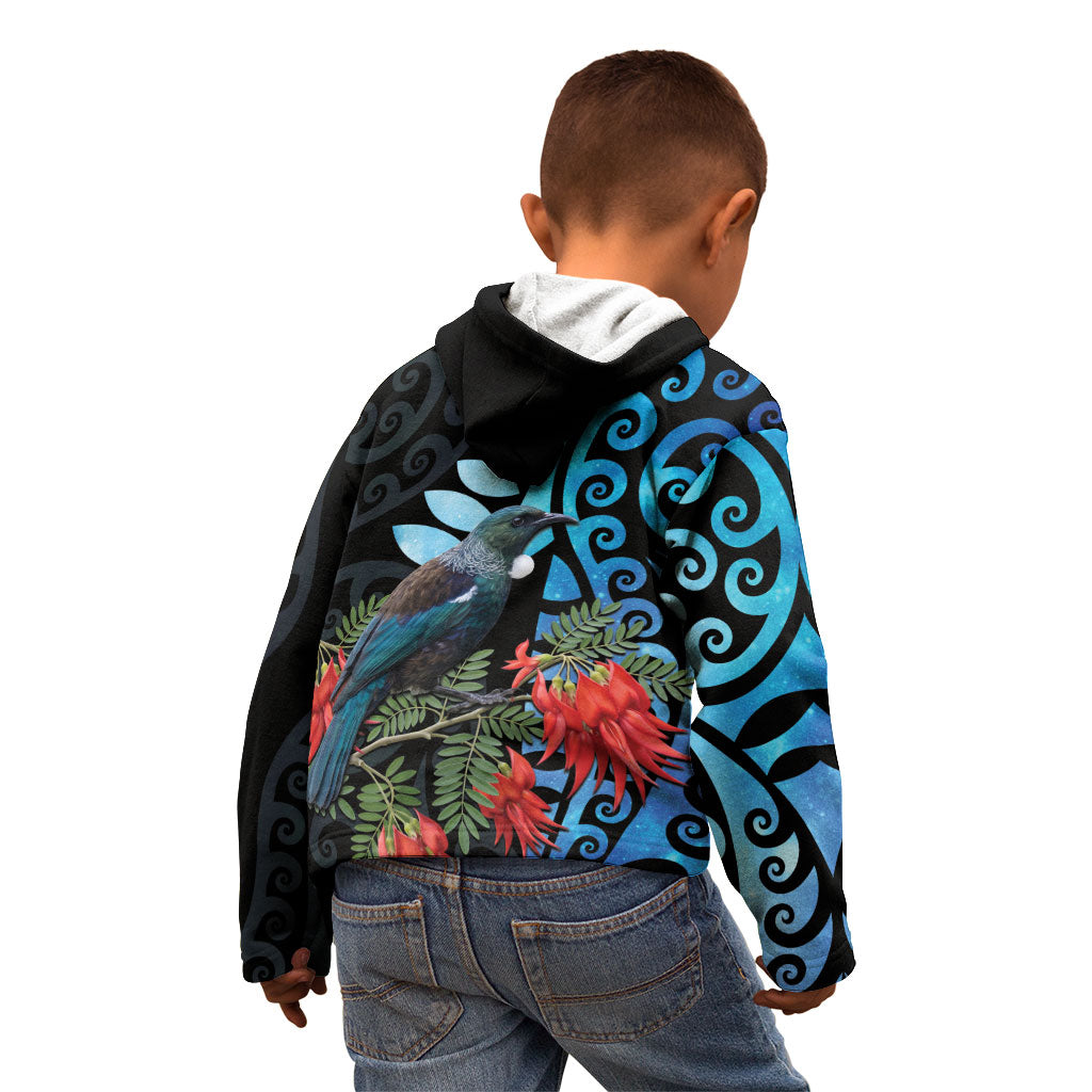 Tui Bird Kakabeak New Zealand Kid Hoodie Clianthus Galaxy Maori Koru Pattern LT22 - Polynesian Pride