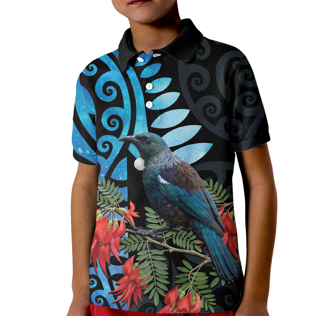 Tui Bird Kakabeak New Zealand Kid Polo Shirt Clianthus Galaxy Maori Koru Pattern LT22 Kid Blue - Polynesian Pride