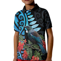 Tui Bird Kakabeak New Zealand Kid Polo Shirt Clianthus Galaxy Maori Koru Pattern LT22 Kid Blue - Polynesian Pride