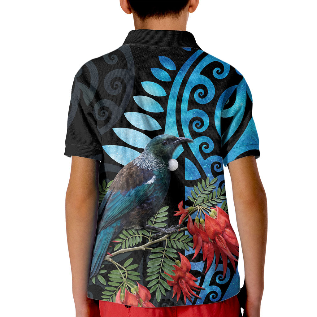 Tui Bird Kakabeak New Zealand Kid Polo Shirt Clianthus Galaxy Maori Koru Pattern LT22 - Polynesian Pride