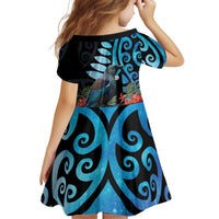 Tui Bird Kakabeak New Zealand Kid Short Sleeve Dress Clianthus Galaxy Maori Koru Pattern LT22 - Polynesian Pride
