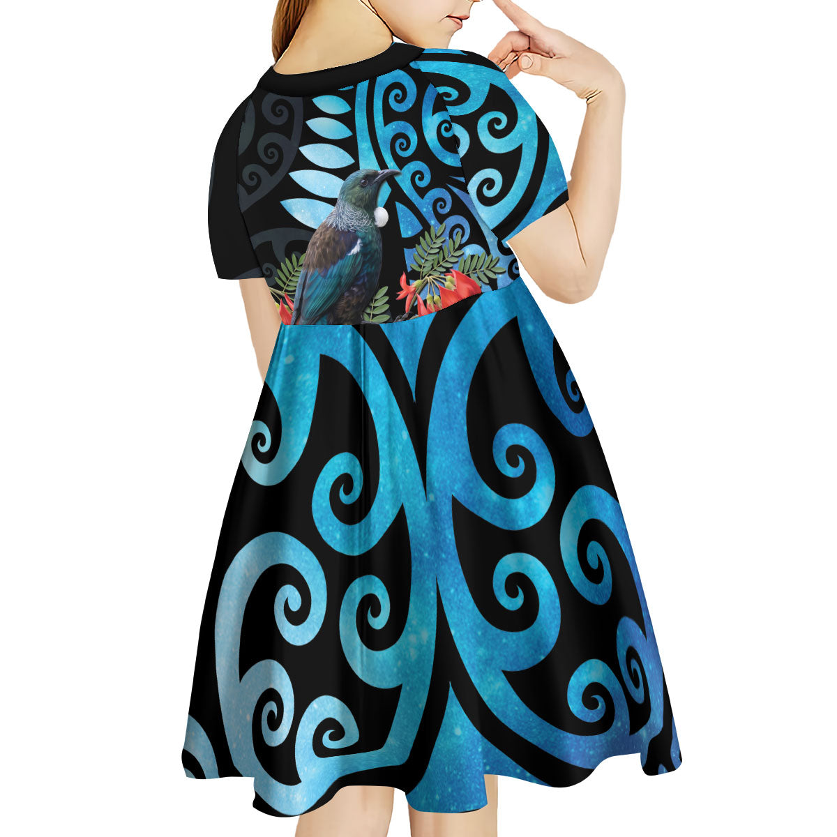 Tui Bird Kakabeak New Zealand Kid Short Sleeve Dress Clianthus Galaxy Maori Koru Pattern LT22 - Polynesian Pride