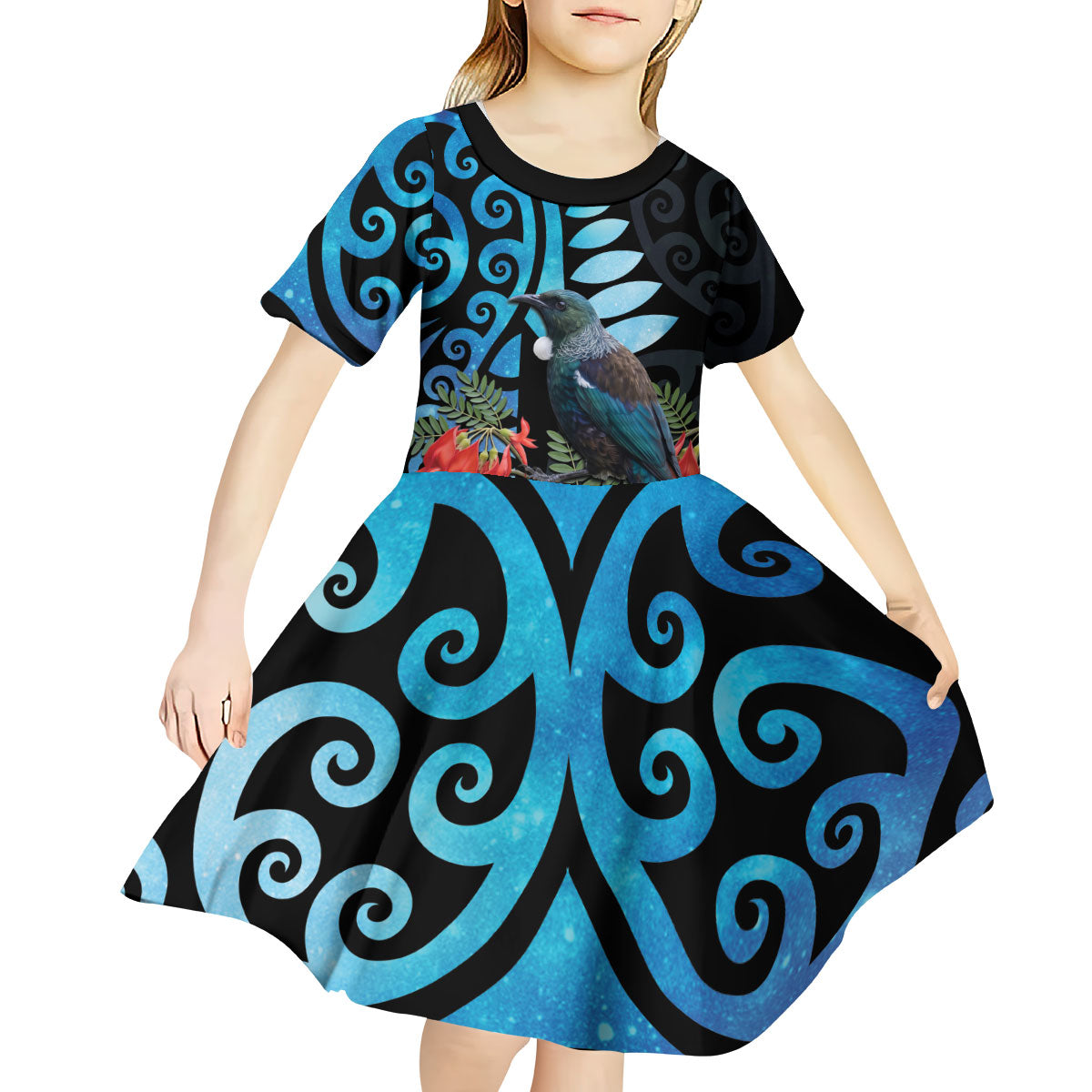 Tui Bird Kakabeak New Zealand Kid Short Sleeve Dress Clianthus Galaxy Maori Koru Pattern LT22 - Polynesian Pride