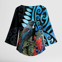 Tui Bird Kakabeak New Zealand Kimono Sleeve Blouse Clianthus Galaxy Maori Koru Pattern