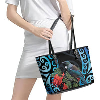 Tui Bird Kakabeak New Zealand Leather Tote Bag Clianthus Galaxy Maori Koru Pattern