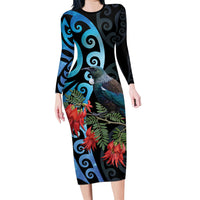 Tui Bird Kakabeak New Zealand Long Sleeve Bodycon Dress Clianthus Galaxy Maori Koru Pattern LT22 Long Dress Blue - Polynesian Pride