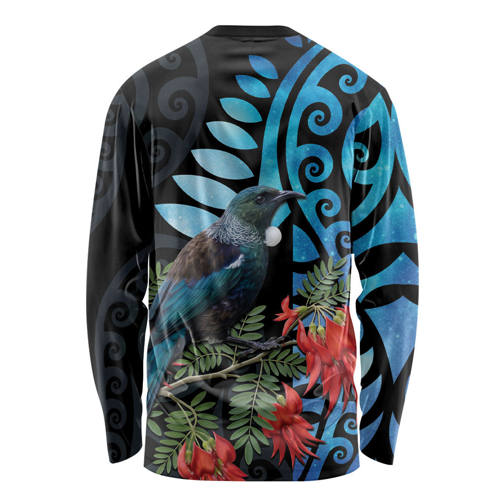 Tui Bird Kakabeak New Zealand Long Sleeve Shirt Clianthus Galaxy Maori Koru Pattern