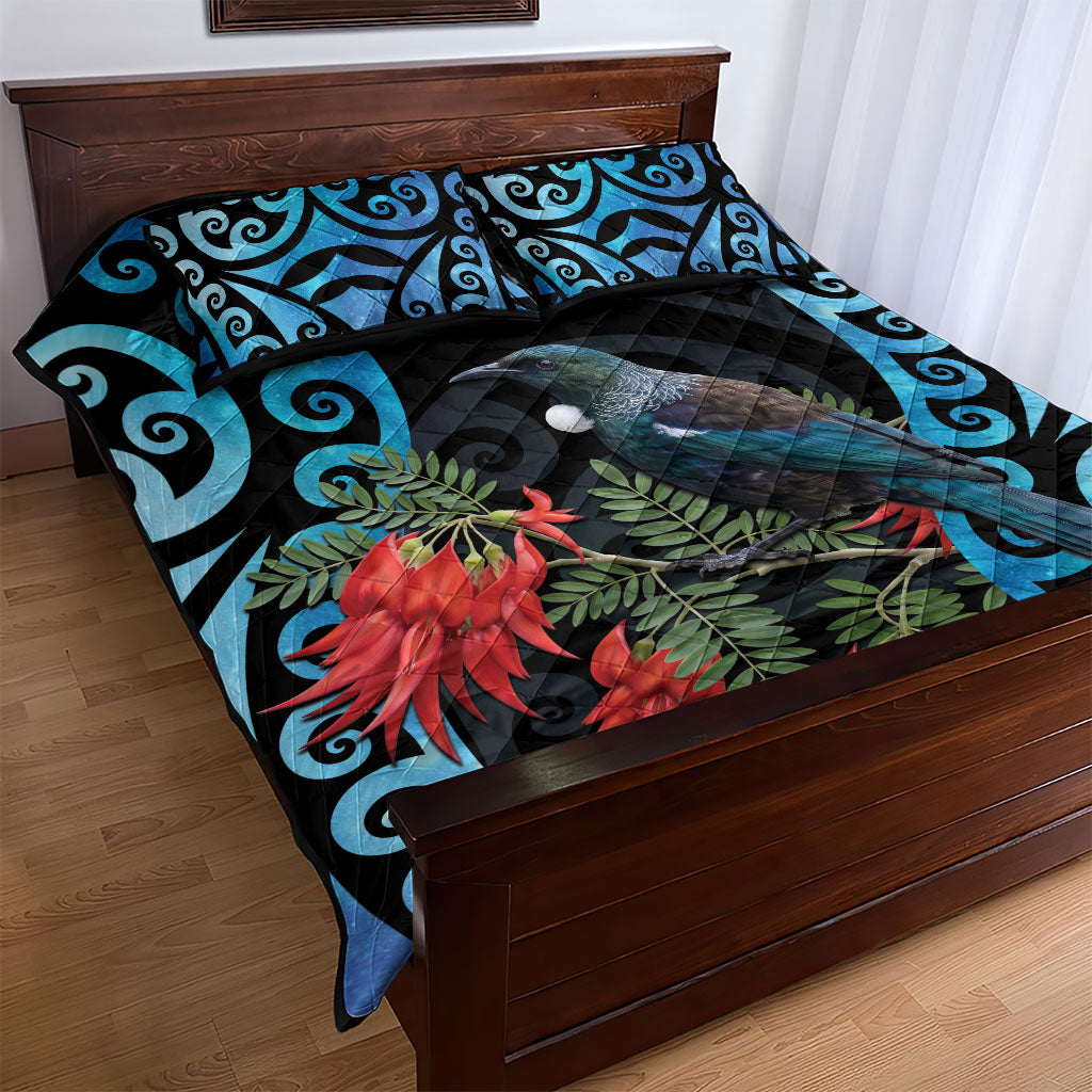 Tui Bird Kakabeak New Zealand Quilt Bed Set Clianthus Galaxy Maori Koru Pattern