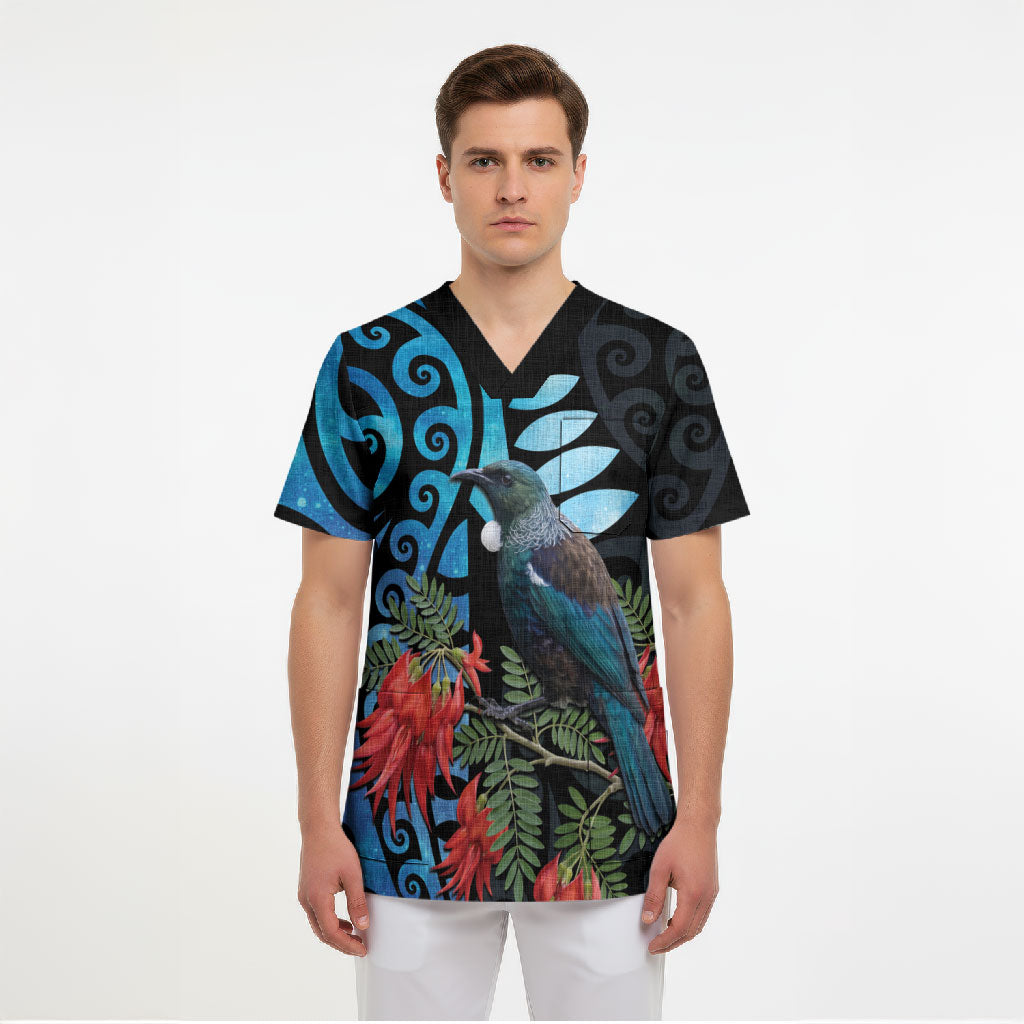 Tui Bird Kakabeak New Zealand Scrub Top Clianthus Galaxy Maori Koru Pattern