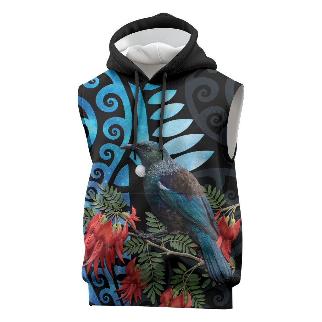 Tui Bird Kakabeak New Zealand Sleeveless Hoodie Clianthus Galaxy Maori Koru Pattern LT22 Blue - Polynesian Pride
