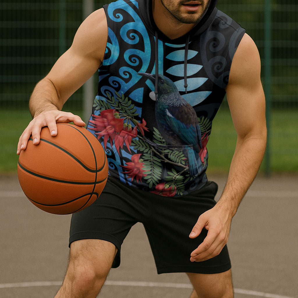 Tui Bird Kakabeak New Zealand Sleeveless Hoodie Clianthus Galaxy Maori Koru Pattern LT22 - Polynesian Pride